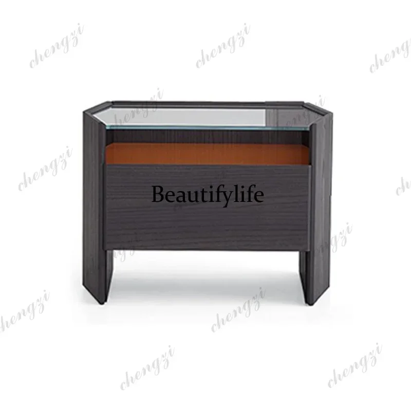 Bedside table Modern smoked wood Nordic minimalist bedroom solid wood furniture Mobile cabinet storageK182