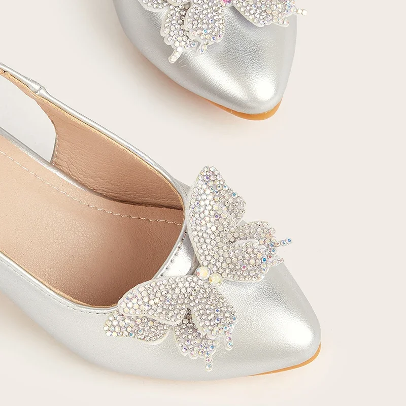 2025 New Girls' Princess Shoes Fashion Pointed-toe Rhinestone Butterfly Children's High Heels Girls' Sandals for Ages 7-12T