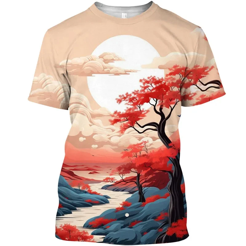 

Новая летняя футболка Y2k Art T Shirt Корейская популярная одежда Топ с 3D принтом Графическая футболка с пейзажем Футболка с короткими рукавами Мужская одежда