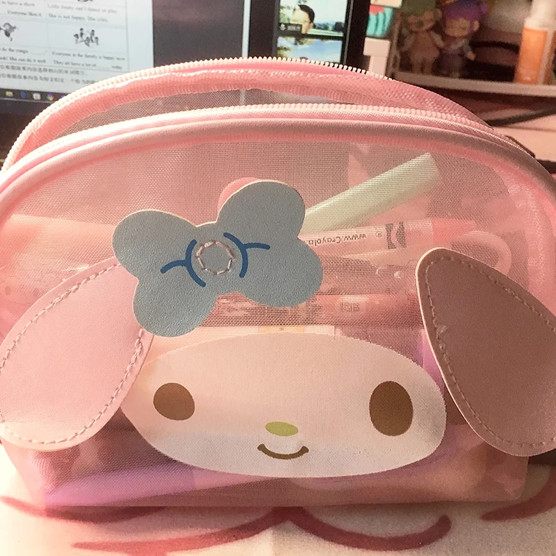 Sanrio Kawaii My Melody Pencil Case Cinnamoroll Student Mesh Zipper Storage Bag Cartoon Transparent Shell Cosmetic Storage Bag