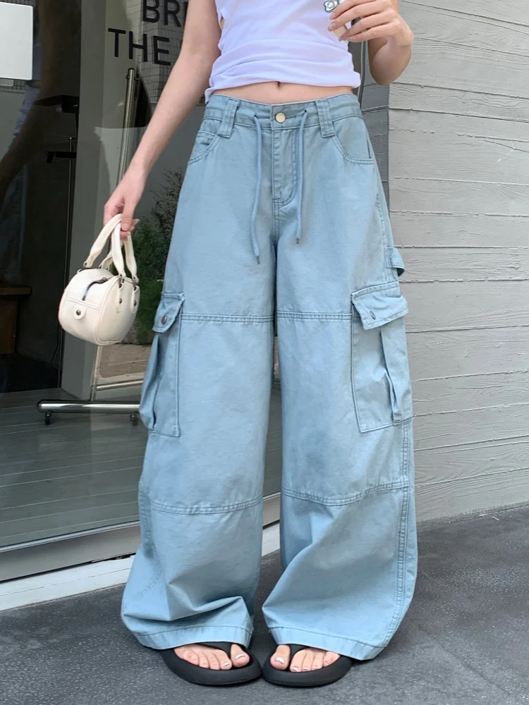 

2025 Ropa Y2K Fashion Washed Blue Baggy Cargo Jeans Pants For Women Clothing Wide Leg Multi Pockets Casual Lady Denim Trousers
