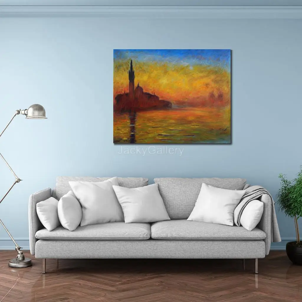 Hand Painted Claude Monet Oil Painting Reproduction Twilight Venice Seascape Canvas Picture for Bedroom Wall Decor