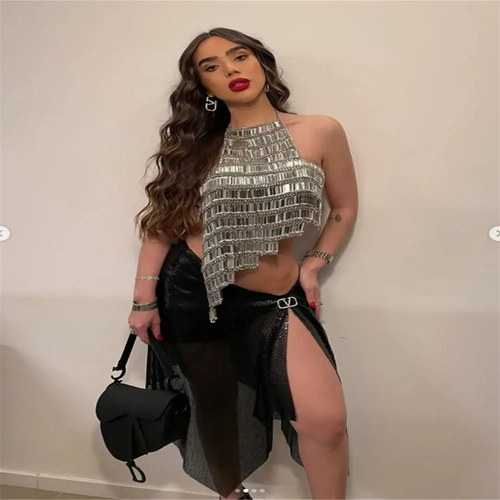 European Sexy Hollow Out Woven Square Acrylic Beaded Bra Chain Irregular Wide Halter Chain Backless Long Tops Party Body Jewelry