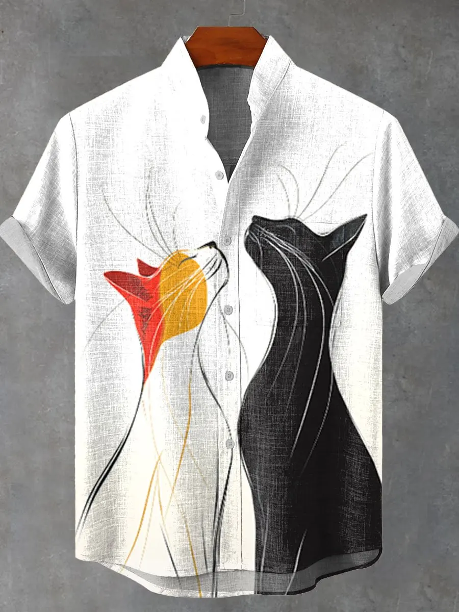 

Мужская рубашка из 100% льна, рубашка с коротким рукавом, одежда высокого качества, 3D принт осьминога, мультяшный кот, новая серия