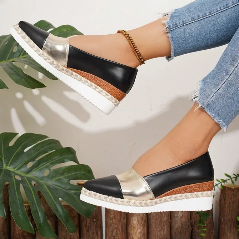 European American Casual Womenshoe New Spring Autumn Girl Thick Soled Sloping Heel Shoe French Fashion Women Daily Versatileshoe