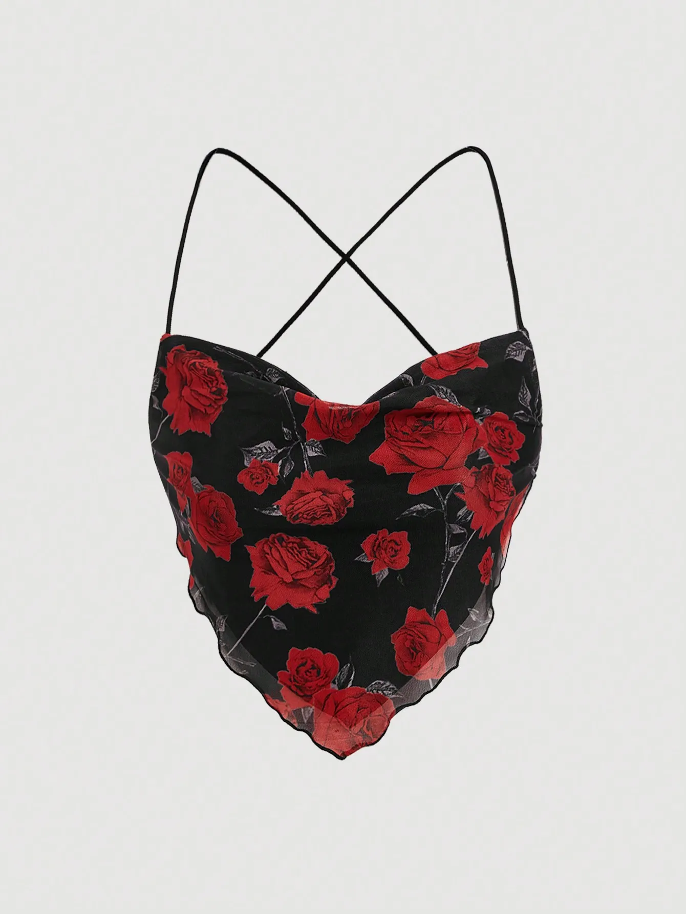 Black Red Rose Print Plunging Cami, Floral Hem Back Tie Mesh Crop, Seductive Club Night Out Summer Top for Women