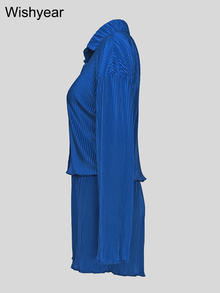 Fashion Ripped Pleated Two 2 Pieces Pants Set Women Blue Full Sleeve Shirt and Shorts Suit Street Tracksuit Casual Beach Outfit