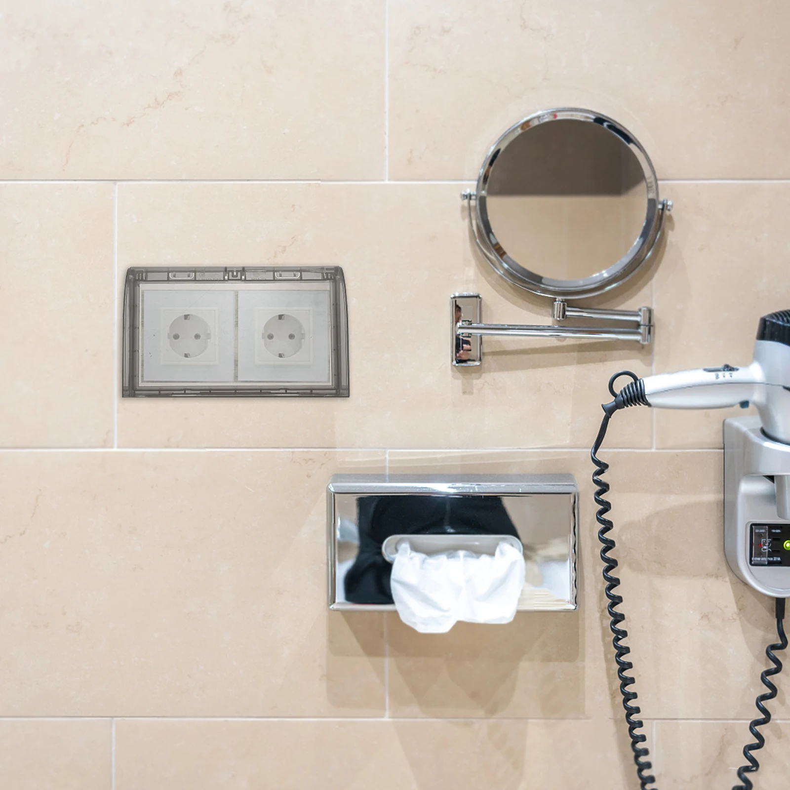 

2Pcs Waterproof Socket Outlet Cover Double Slot Sticky Splash Proof Box Wall Protector for Kitchen Bathroom Outlet Protector