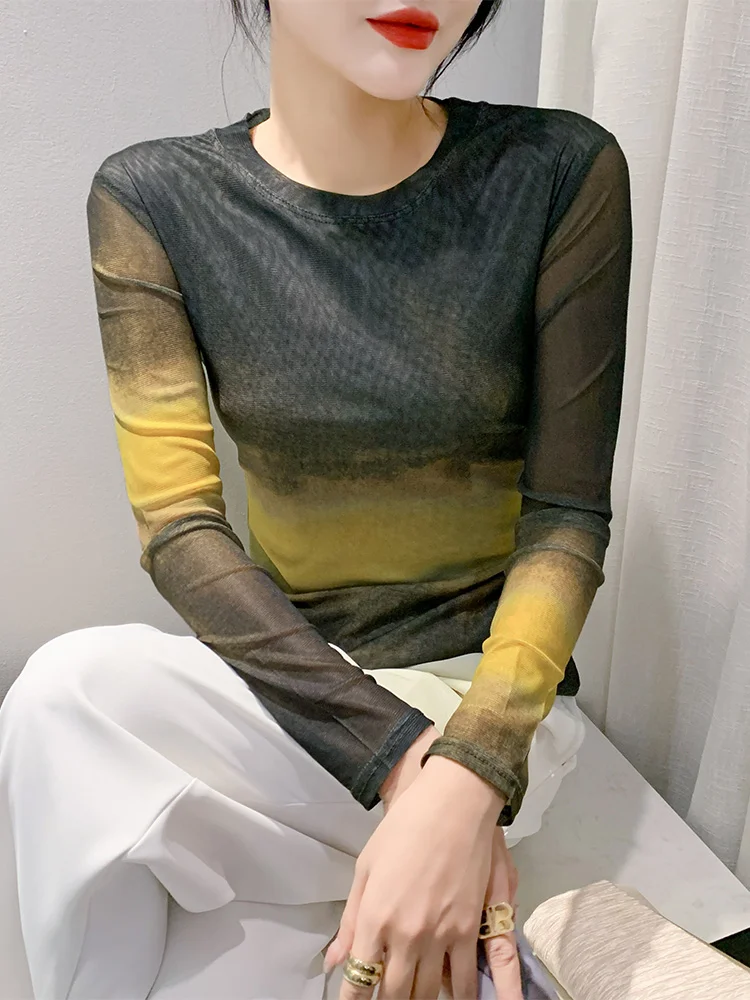 Ele Anti-Aging Tie-Dye Print Lange Sve T-shirt Frauen Sexy Me Atmungsaktive Abnehmen Taille Design Faionable Basis irt