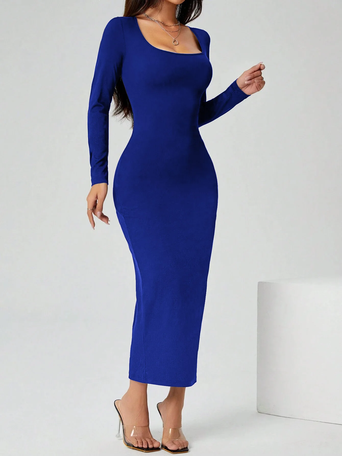 Damen Geripptes Strick-Bodycon-Midikleid Quadratischer Ausschnitt Langarm Schlanke Passform Party-Abend-Bleistiftkleid – Detail 1