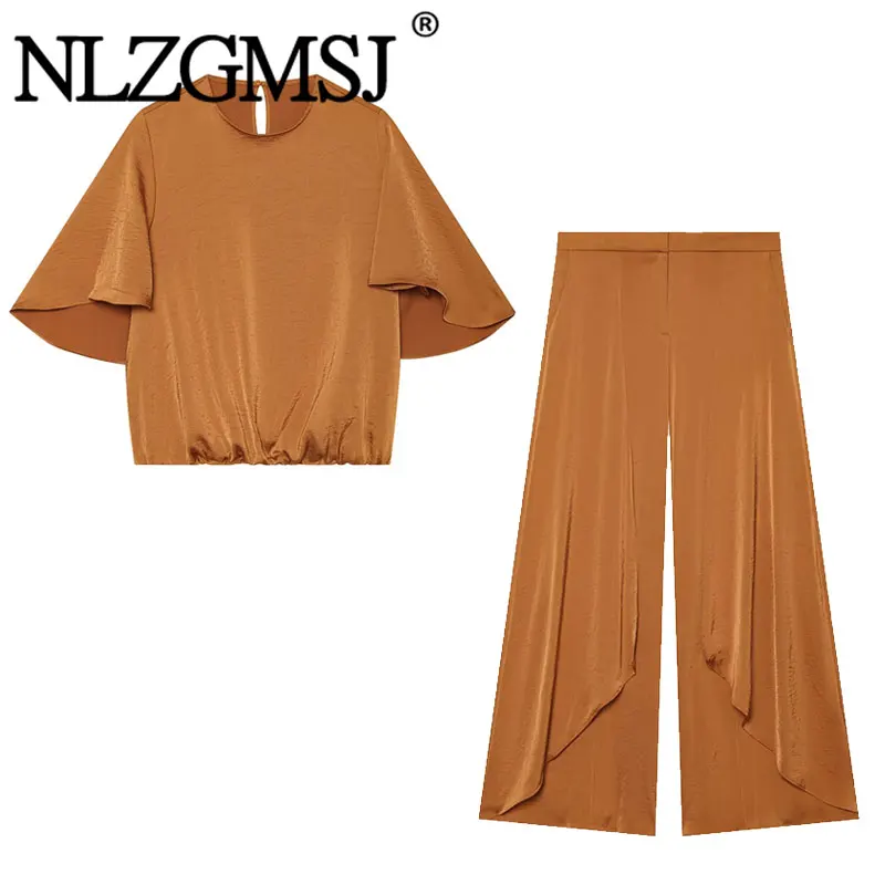Nlzgmsj 2026 Elegantes zweiteiliges Set aus Satin für Damen, Rundhalsausschnitt, Flatterärmel, gerafftes Oberteil, drapierte, weit ausgestellte Hose mit Schlitz.