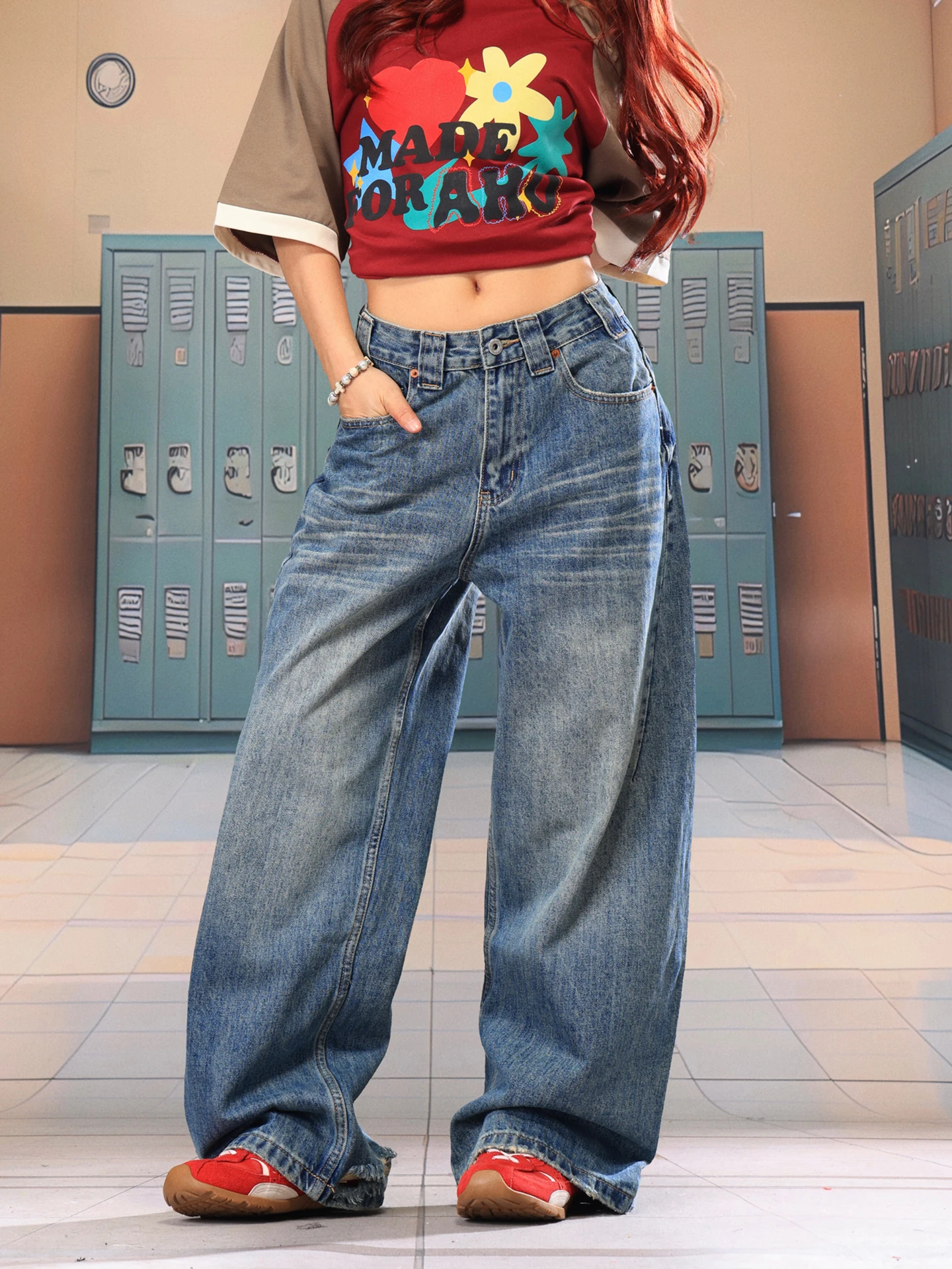 

Светло-голубые винтажные американские джинсы с эффектом потертости, свободные женские летние джинсы с широкими штанинами, с естественной линией талии, в стиле кэжуал