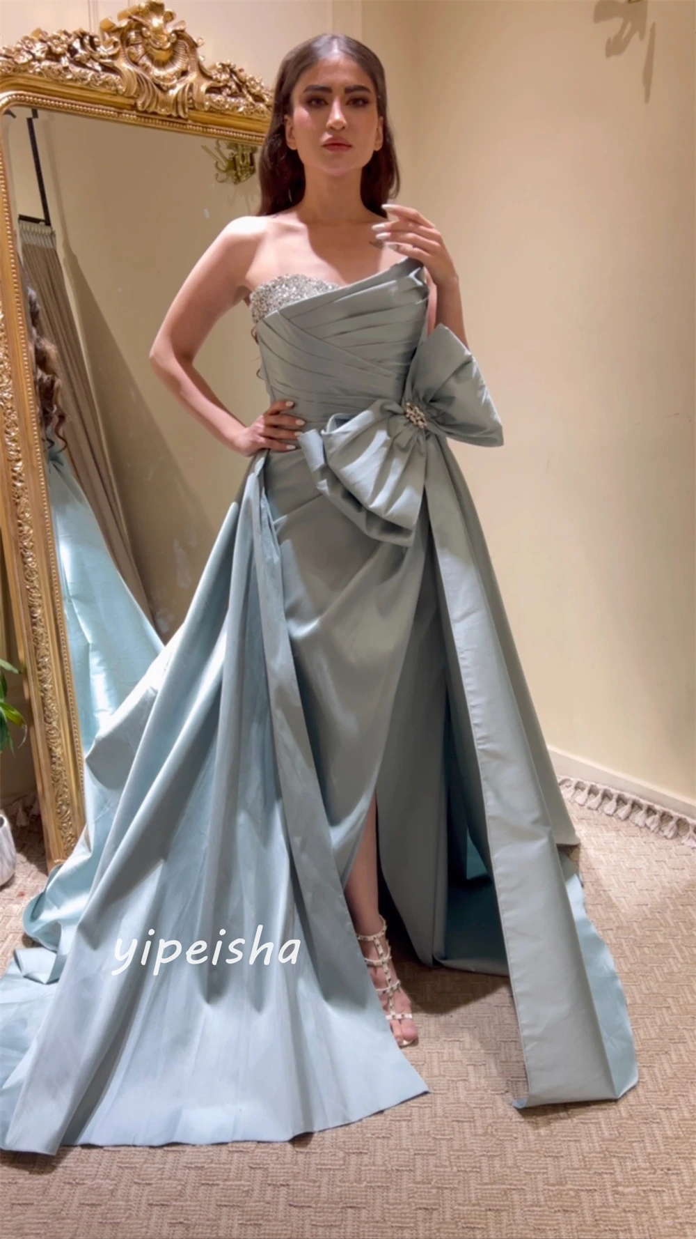 Robe trapèze drapée en satin à paillettes avec nœud, sans bretelles, robes longues pour occasions d'anniversaire, sur mesure