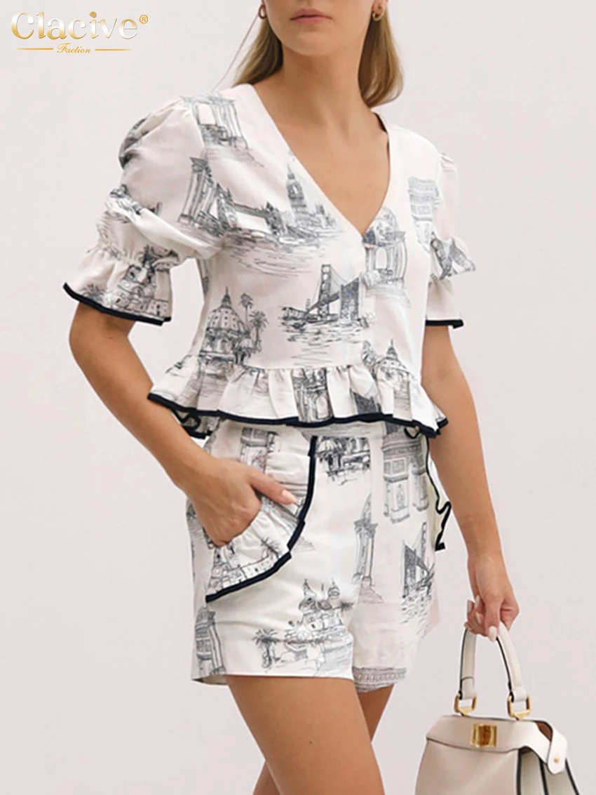 Clacive Fashion Loose Print Shorts Sets Women 2 Pieces 2024 Summer Short Sleeve Shirt With High Waist Ruffle Shorts Set Female