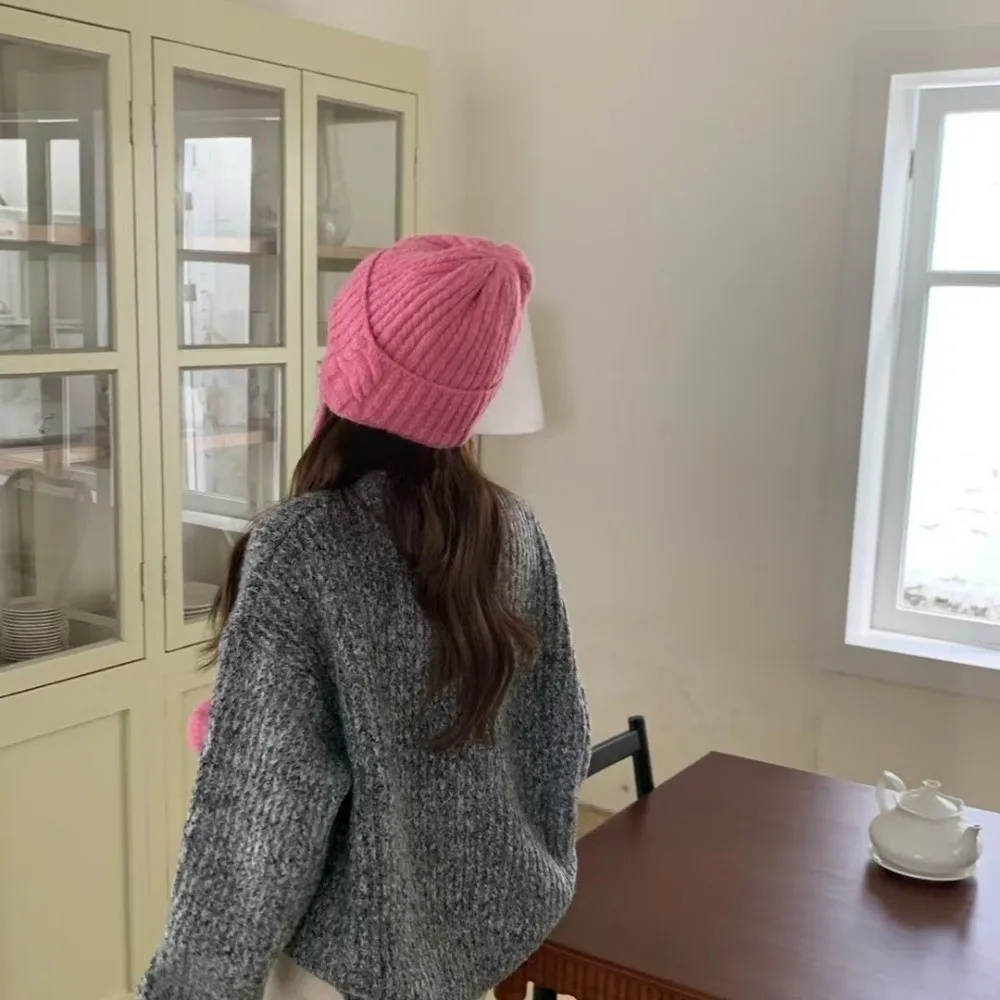 لطيف الشتاء Y2k محبوك قبعة سميكة لينة الدافئة بوم بوم قبعة متماسكة عادية يندبروف قبعات صغيرة الإناث