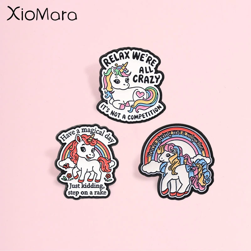 Retro Cartoon Unicorn Enamel Pin, Funny Rainbow Meme Sarcastic Quote Badge, Fashion Clothes Backpack Accessory, Gift for Friends