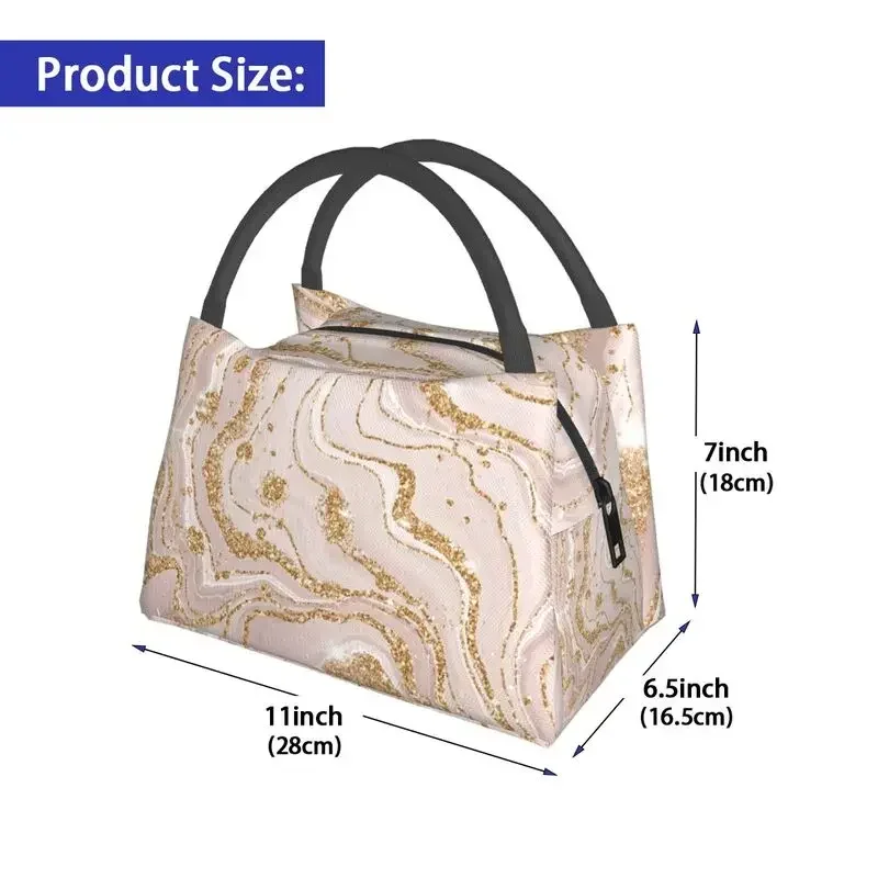 Gold And Cream Marble Pattern Thermal Insulated Lunch Bags Women Geometric Print Portable Lunch Tote Multifunction Meal Food Box