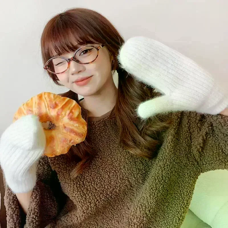 Gloves For Women In Winter Cute Plush Thickened Rabbit Fur To Keep Warm And Furry Student Riding To Prevent Cold And Freezing