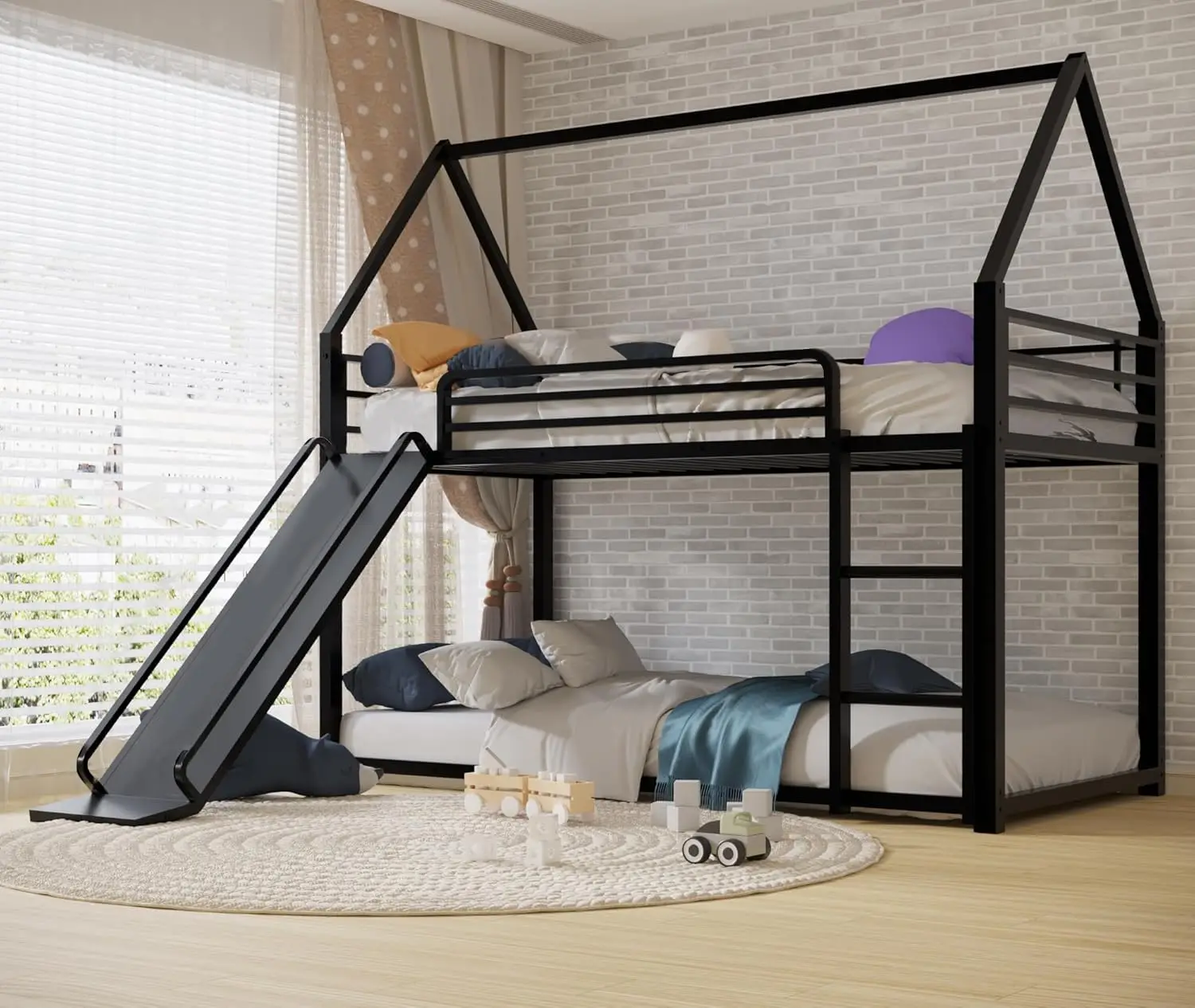 Twin Over Twin Bunk Bed with Slide,House Shaped Bedframe w/Ladder, Heavy Duty Low Bunk Bed Frame with Guardrail,No, Customized