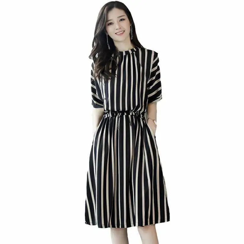 Temperament Lacing Ladies Dresses Summer New Short Sleeve O-Neck All-match Striped Loose Midi Dress Fashion Casual Women Clothes