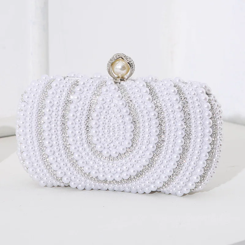 New Women Evening Clutches Vintage Ladies Pearl Dinner Handbag Hand-beaded Embroidered Bag Diamond-studded Banquet Dress Pouch