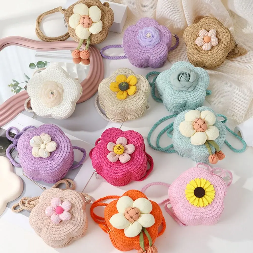 

New Straw Crossbody Bag Flower Small Coin Purse Handbag Girls Kids