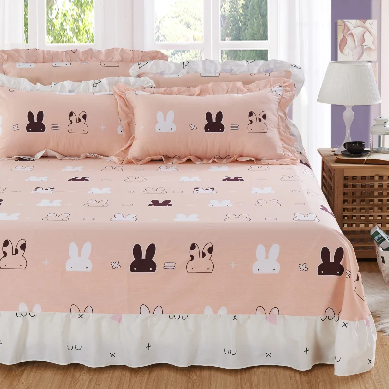 Cartoon Rabbit Bed Skirt Wrap Around Bedding Skirt Gathered Dust Ruffle Bedskirt Sets with 2 Pillow Covers 100% Cotton Bedspread