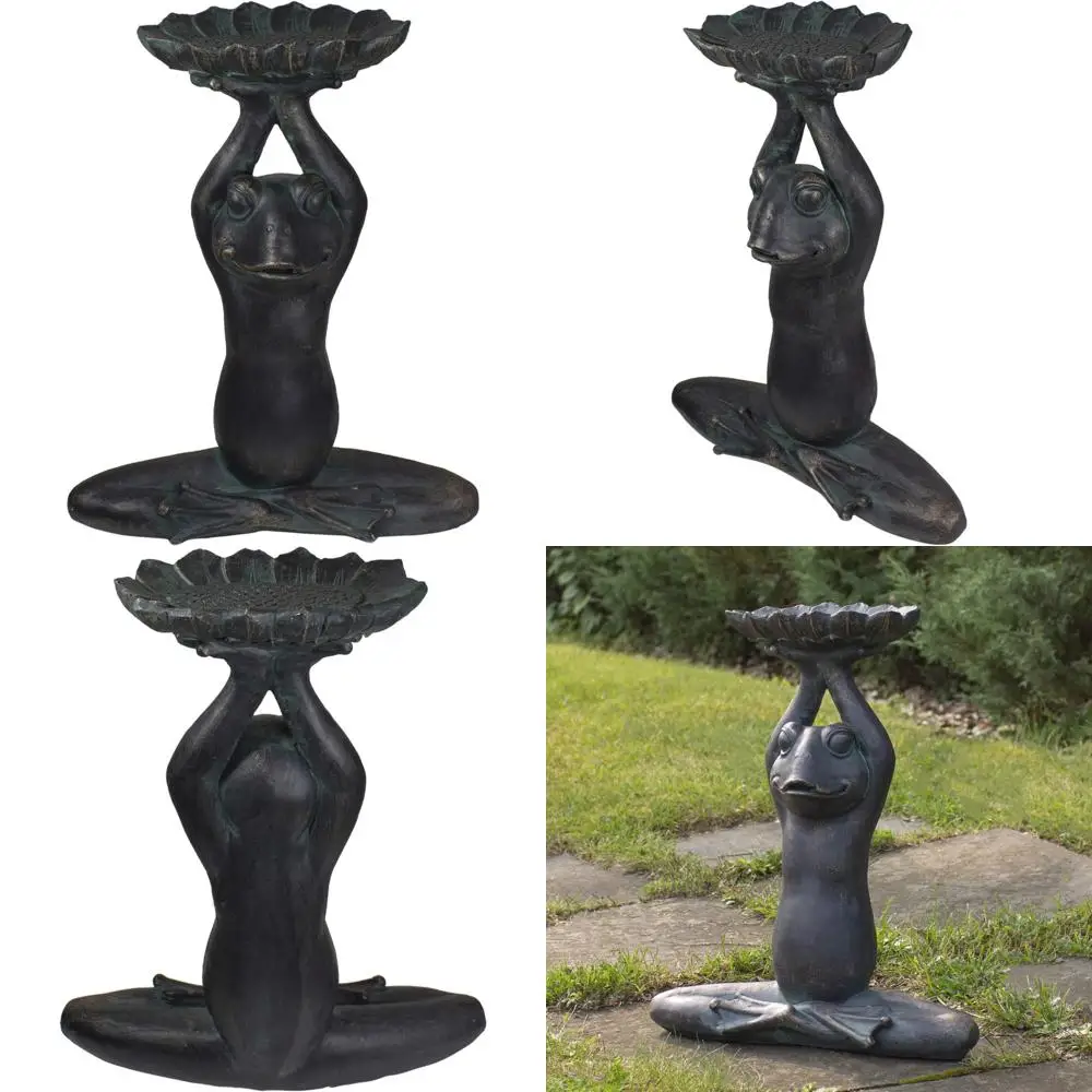 

Outdoor Garden Statue: Gray Yoga Frog Holding Bird Feeder