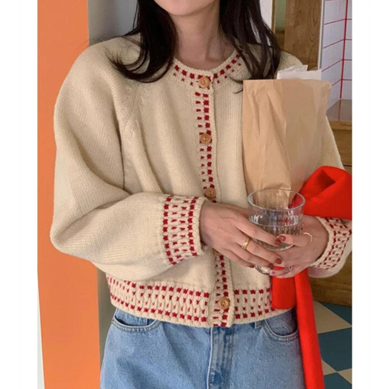 

Knitted Cardigan Women's Spring Autumn New Single-Breasted Round Neck Long-Sleeved Short Sweater Jacket Soft Waxy Top