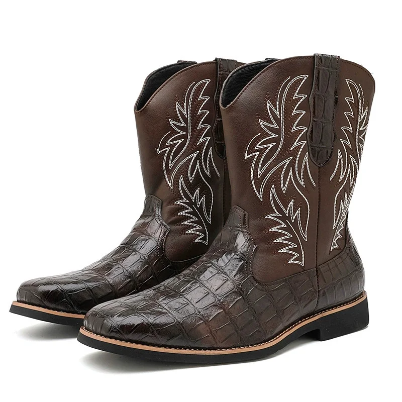 Men's Croc-Embossed Western Cowboy Boots Embroidered Mid-Calf Leather Booties with Square Toe Low Block Heel Vintage Footwear view 5