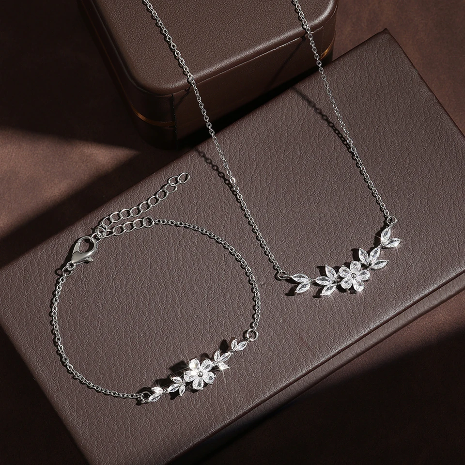 Women's Cubic Zirconia Flower Necklace Bracelet Charm Set