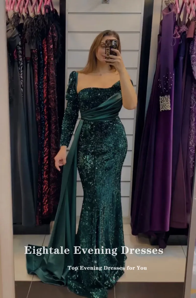 Eightale Sparkly Evening Dress for Wedding Party Emerald Green Sequined Long Sleeves Arabic Mermaid Celebrity Formal Prom Gowns