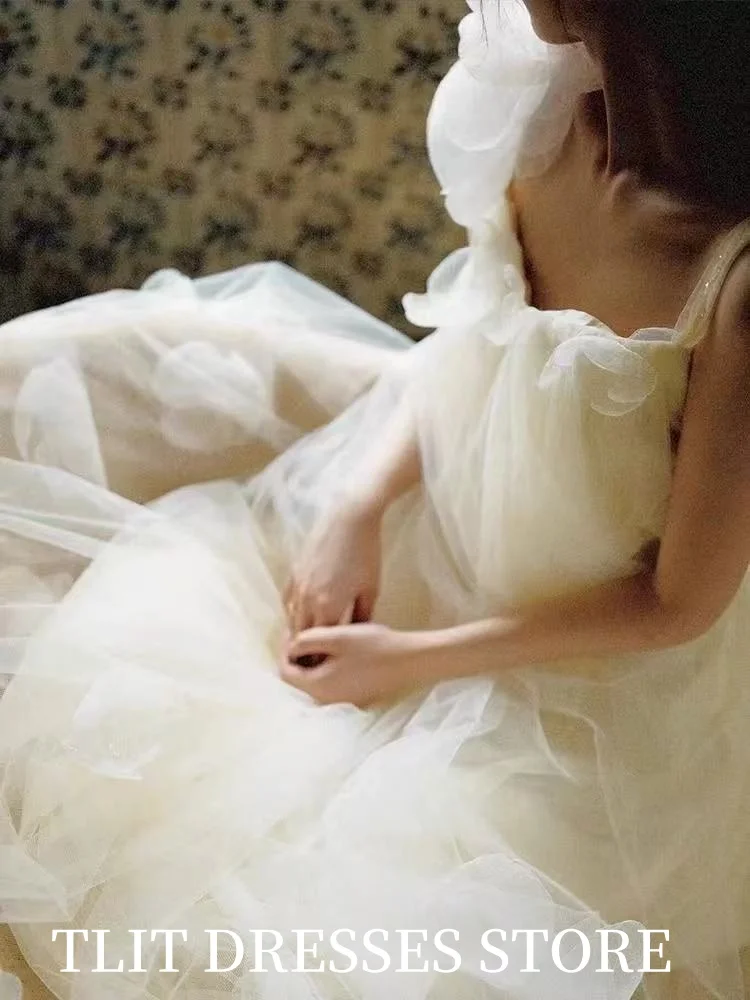 TLIT Fairy Ivory Tulle Evening Dresses Appliques Flowers Square Collar Gowns Customized Korea Wedding Dress Photo Shoot  웨딩드레스