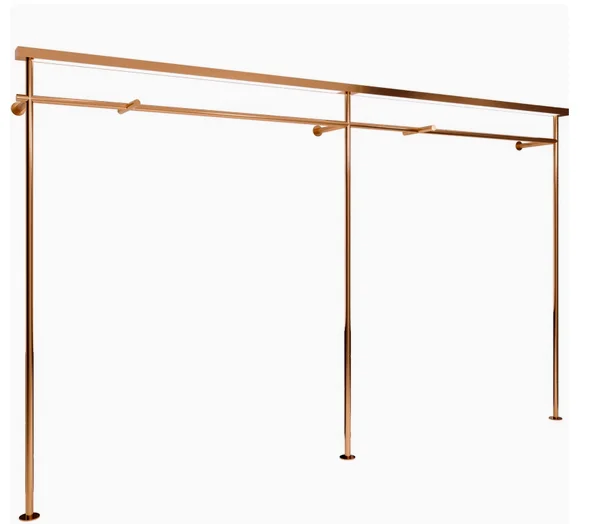 Wall mounted floor to ceiling stainless steel rose gold clothing rack, women's clothing store display shelf