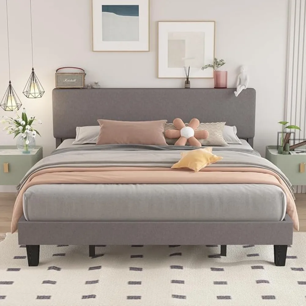 

Full Size Bed Frame with Adjustable Headboard, Linen Fabric Upholstered Bed Frame, No Box Spring Needed, Easy Assembly, Grey