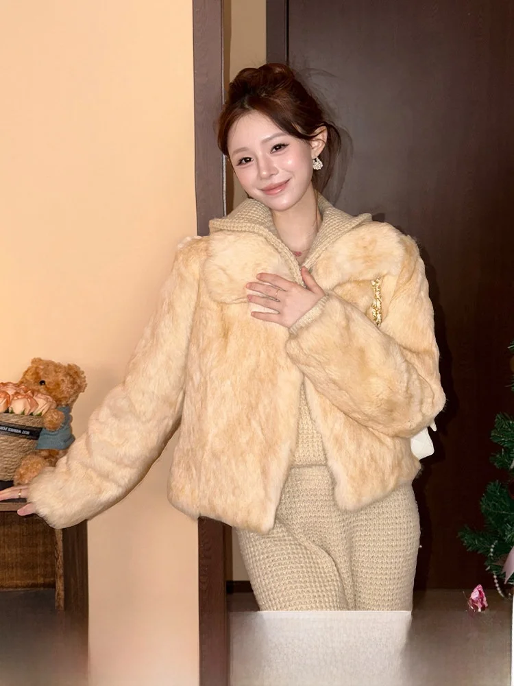 

White Gold Color Fur Coat Women's Collar Overcoat Thickened Winter New Style Short Length Rabbit Fur Standard Version