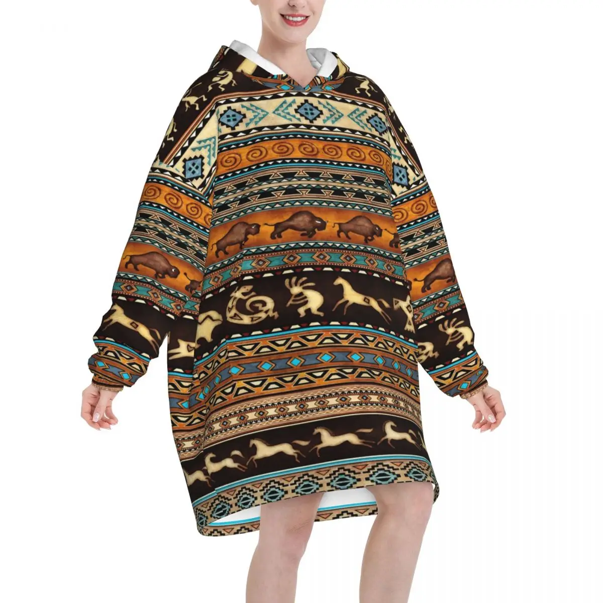 Southwestern Aztec Tribal Wearable Blanket Hoodie for Women Men Oversized Sweatshirt Blanket with Pocket
