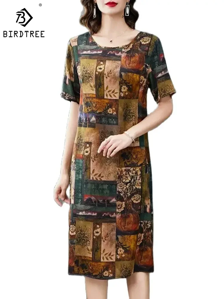 

BirdTree 93%Real Silk Women Dresses, O-Neck Short Sleeves Floral Print, Loose Elegant Retro Dress, 2024 Spring New D42241QM