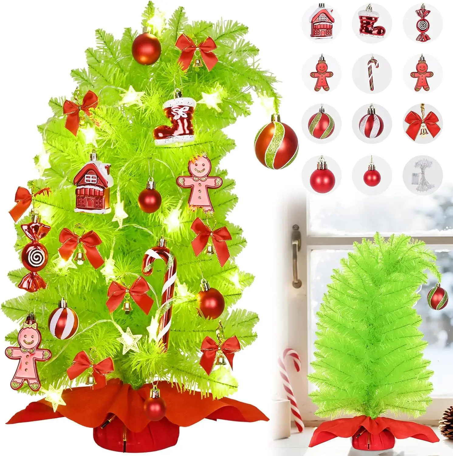 

Лаймово-зеленая рождественская елка длиной 2,3 фута с огнями и украшениями