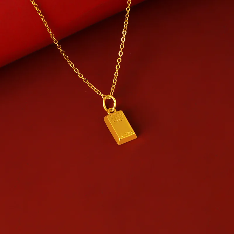 24K Gold Brick Pendant Gold Necklace Female AU999 Pendant Clavicle Chain Jewelry Metal Seal