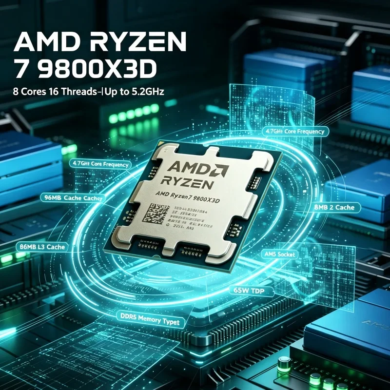 AMD Ryzen 7 9800X3D 3D V-Cache Desktop CPU 96MB L3 Cache 8 Core 16 Thread 5.2GHz Max Boost AM5 Socket DDR5 4nm Processor