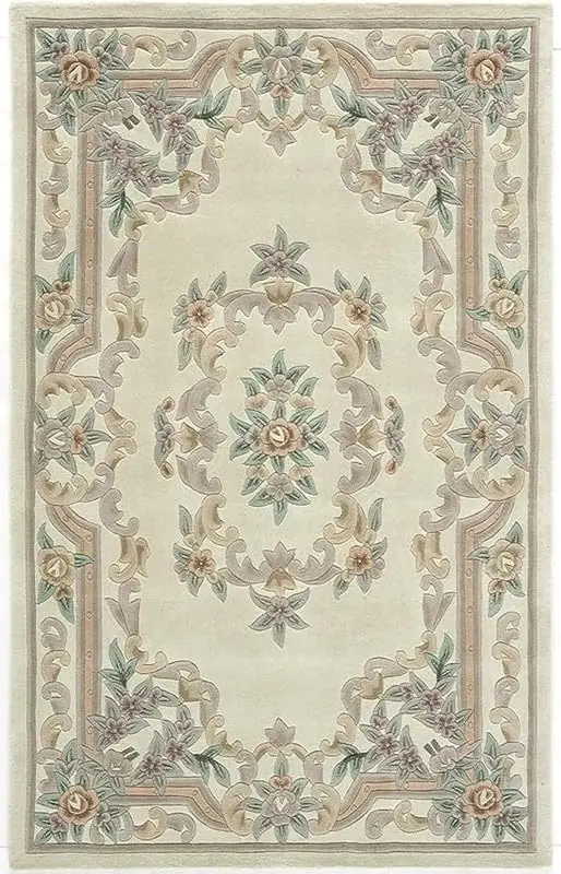 Aubusson Style Traditional Area Rug with Floral Medallion and Border Handmade Wool Floor Mat for Living Room Bedroom view 2