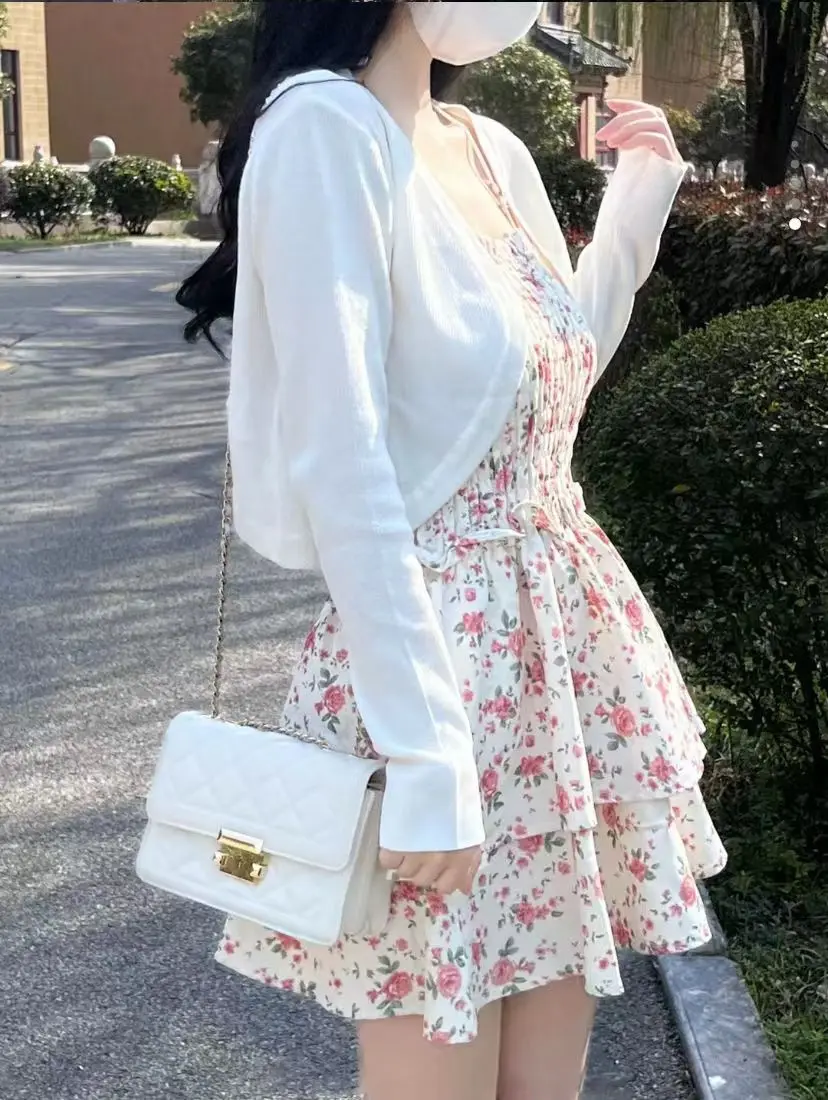 Two Piece Suit Floral Sweet Dress Women Casual Skinny Sexy Mini Dress Female Korean Fashion Ruffle Flounce Slim Strappy Party