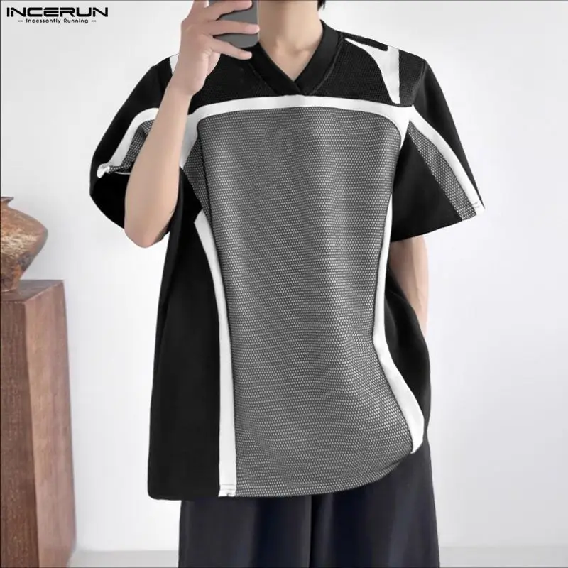 INCERUN الرجال تي شيرت المرقعة الخامس الرقبة قصيرة الأكمام عادية الذكور المحملة القمم الشارع الشهير فضفاض اللون كتلة موضة الرجال الملابس S-5XL #5