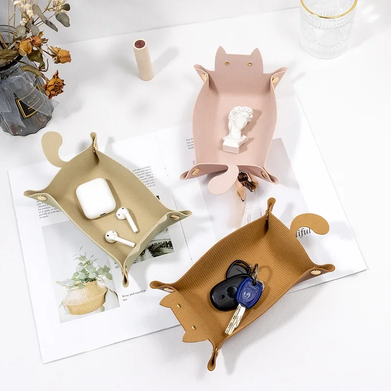 Cute Cat Shape Leather Storage Tray Dice Box Coin Desktop Jewelry Box Makeup Key Tray DIY Household Folding Tray Storage Case