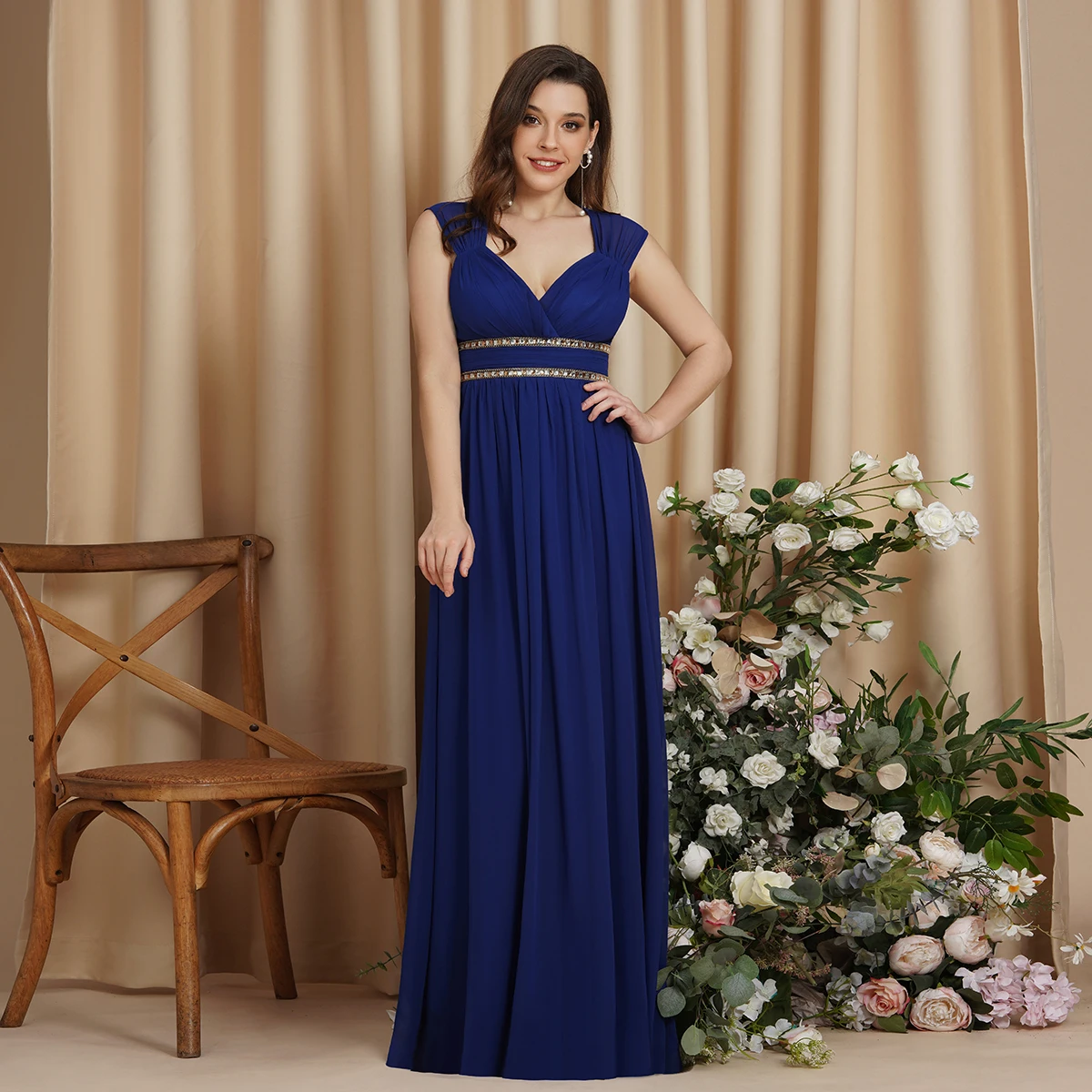 Hot Sale Chiffon Bridesmaid Dresses A-line V-Neck Sleeveless Crystal Beaded Backless Evening Gowns Shipping Wthin 24 Hours