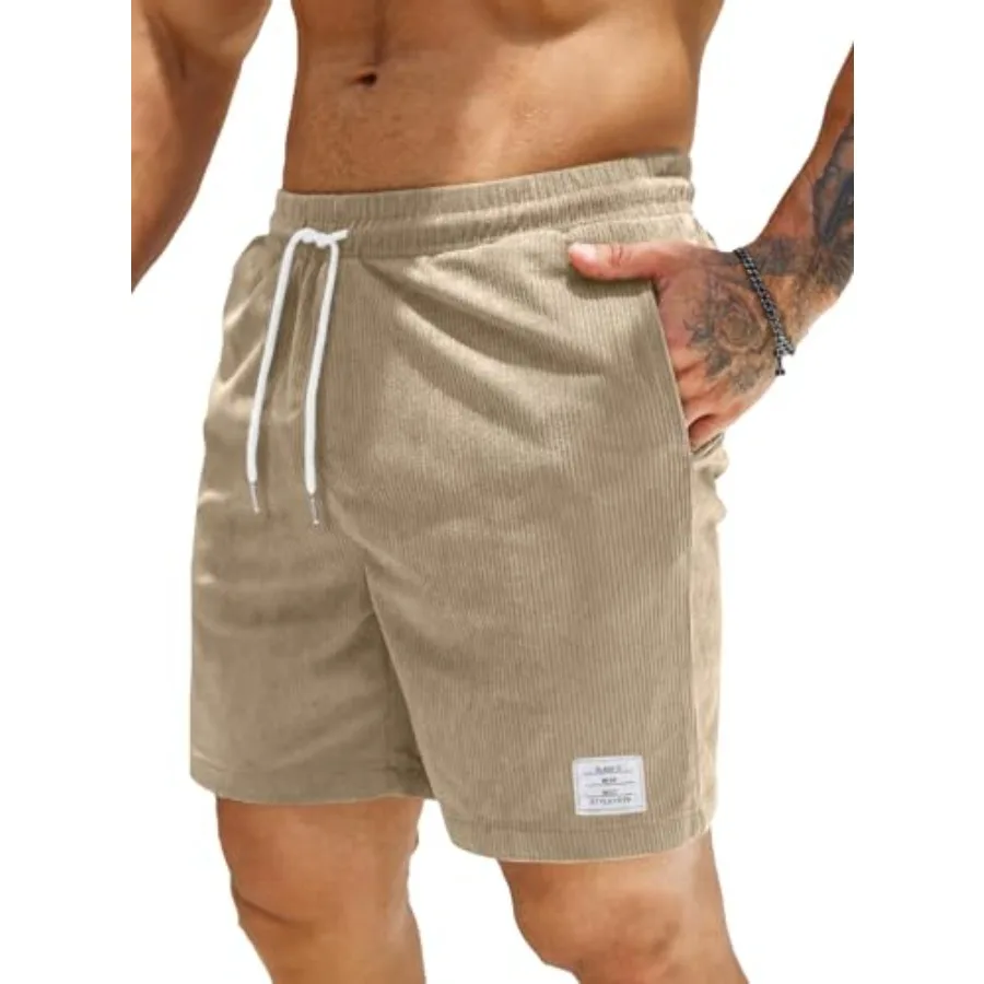 Men's Corduroy Shorts Casual Elastic Waist Drawstring Lightweight Summer Beach Shorts