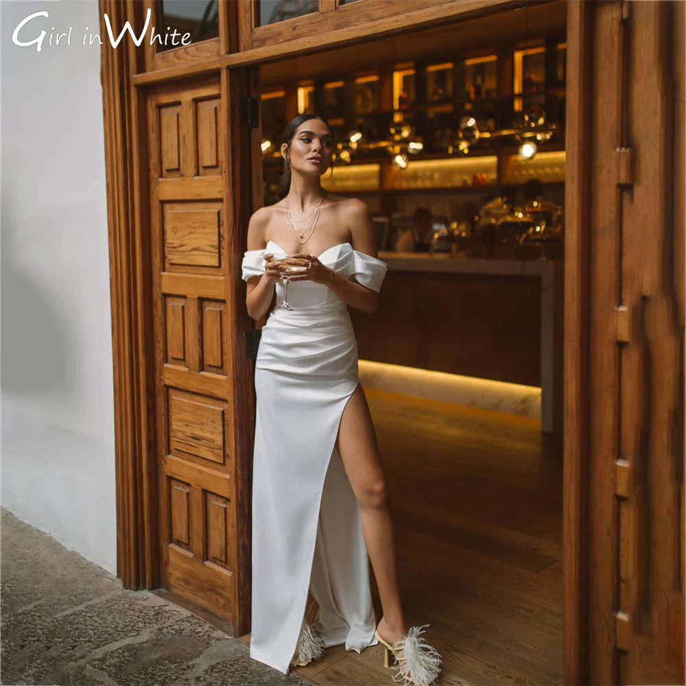 

Modern Off The Shoulder Mermaid Wedding Dress 2023 Side Slit Wedding Gown Ivory Satin Bride Dress Backless vestidos de novia