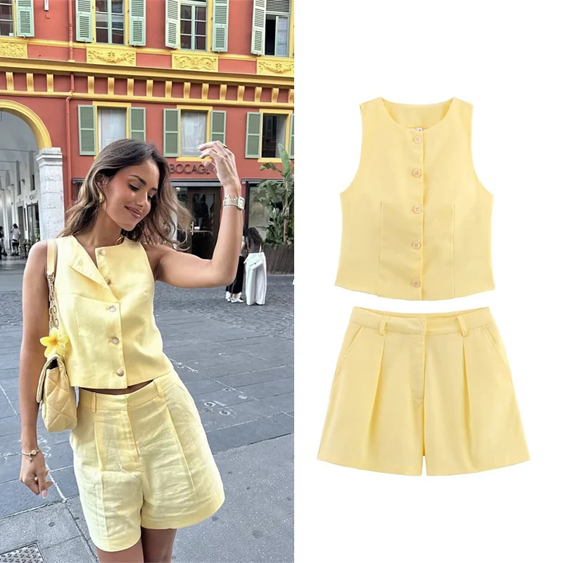 

Women's Suit 2025 New Blended Crew Neck Vest Vest High Waist Casual Shorts Summer Women's 2-Piece Set