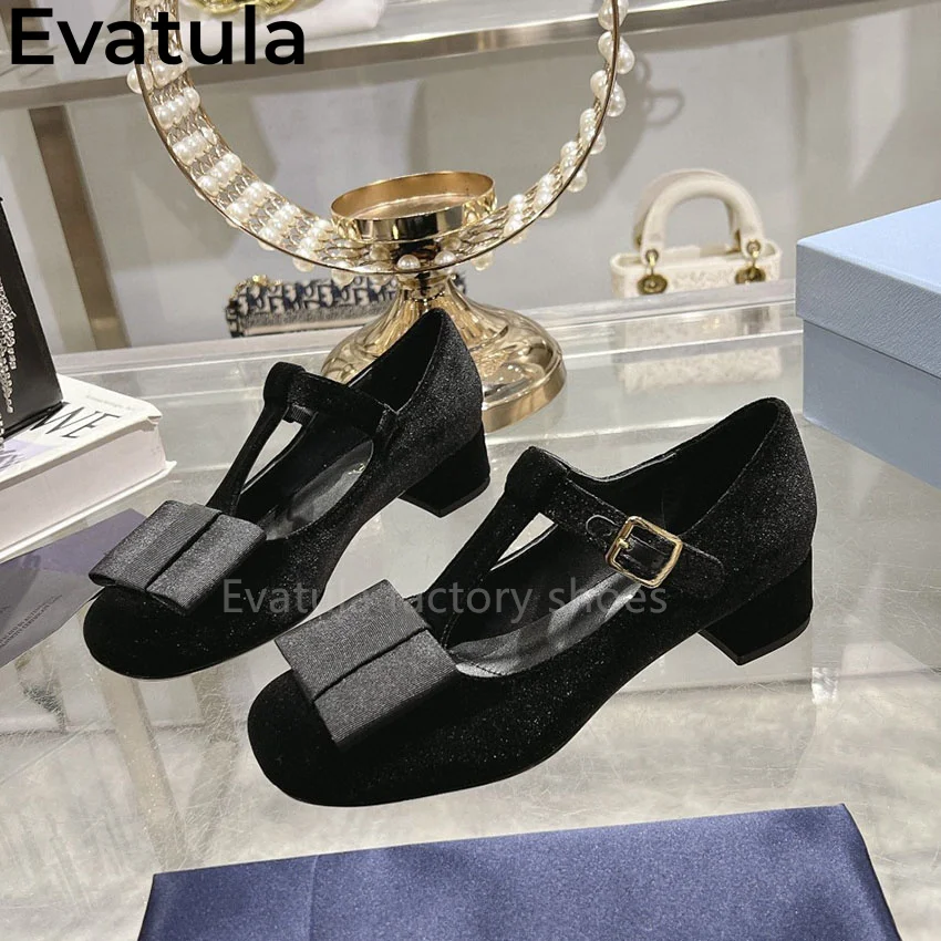 Velvet Round Toe Shallow Mouth Chunky Heels Shoes Women Fashionable Mary Jane Low Heel Shoes Summer Dance Party Shoes Woman